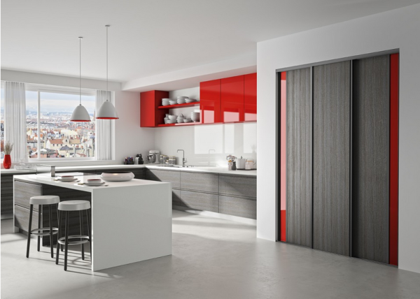 Porte Lido Doli et Diva 
Onyx Nervuré et Verre Laqué Coquelicot Brillant - Profil Bahia Sablé Graphite .